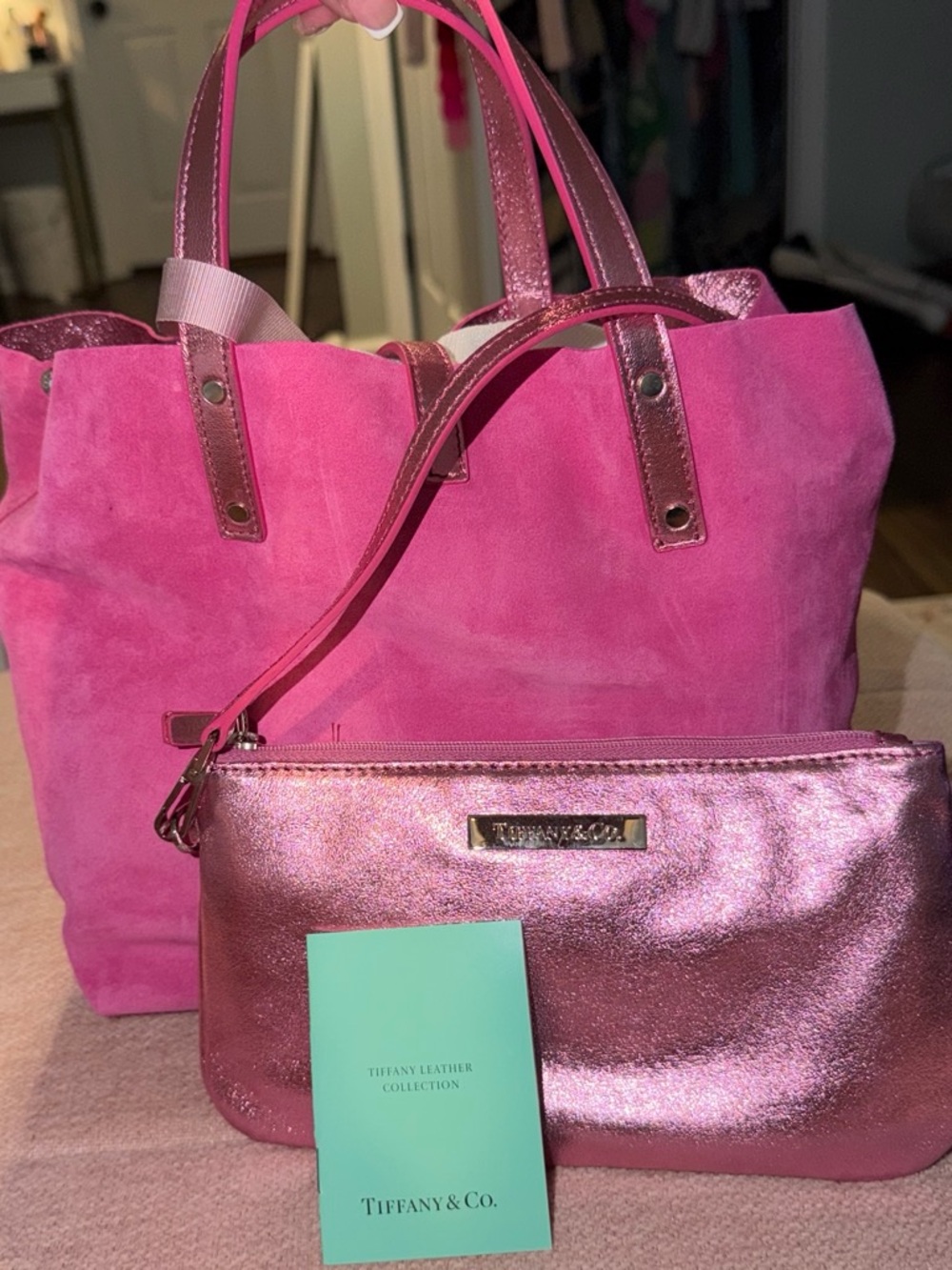 Tiffany & Co. Rare Vintage Pink Suede Tote with Metallic Pink Leather Wristlet